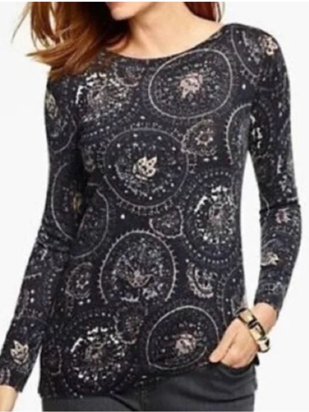 Talbots 100% Merino Wool Medallion Paisley Print Sweater Black Medium Petite MP